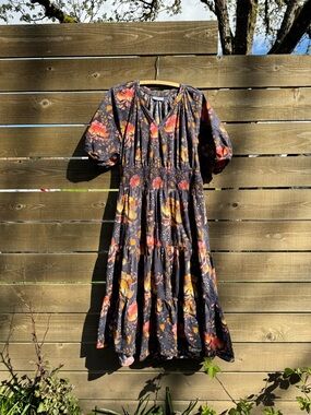 Cotton Anthropologie Floral Tiered Puff-Sleeve Midi Dress in Navy and Coral